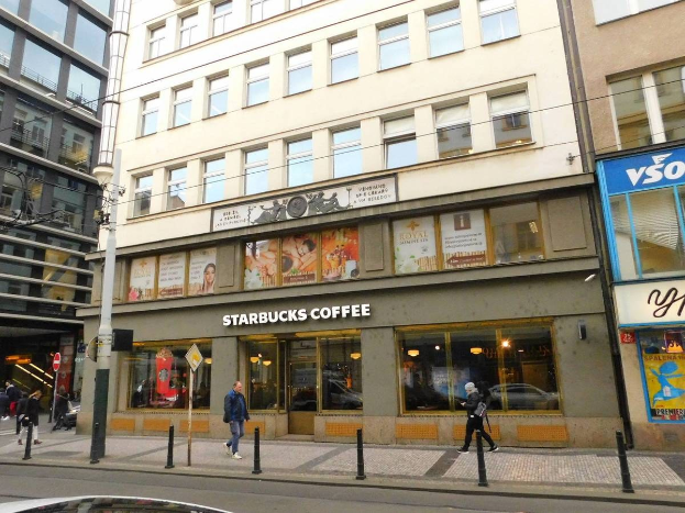 Ein Starbucks-Kaffee-Laden an einer Straßenecke in Berlin, mit Passanten, einem vorbeifahrenden Auto und Strommasten mit Drähten.