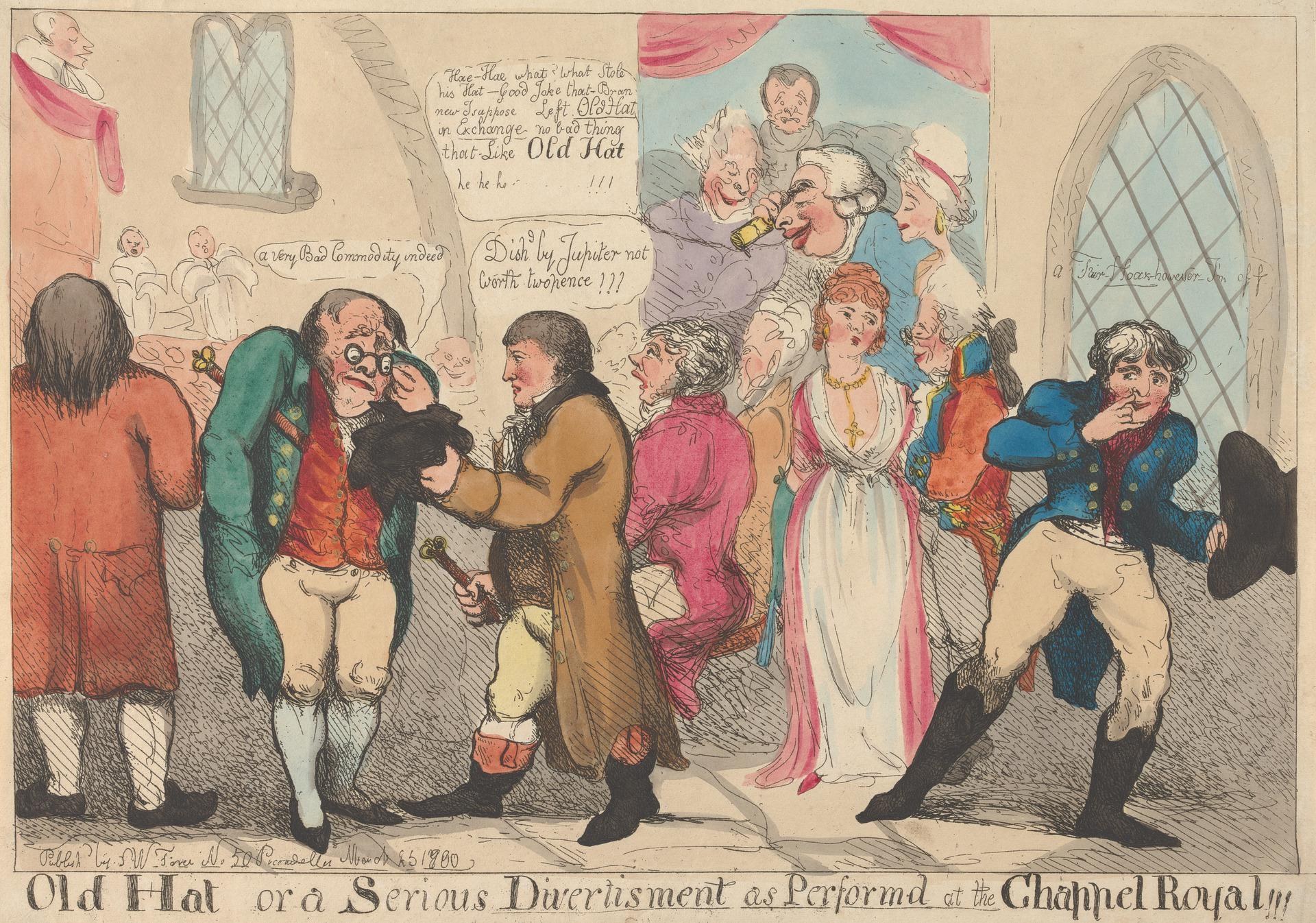 Cartoon von Menschen vor einem Fenster mit einem, der ein Objekt hält, beschriftet mit 'Alter Hut oder eine Ernsthafte Unterhaltung wie an der Kanal-Royal' unten.