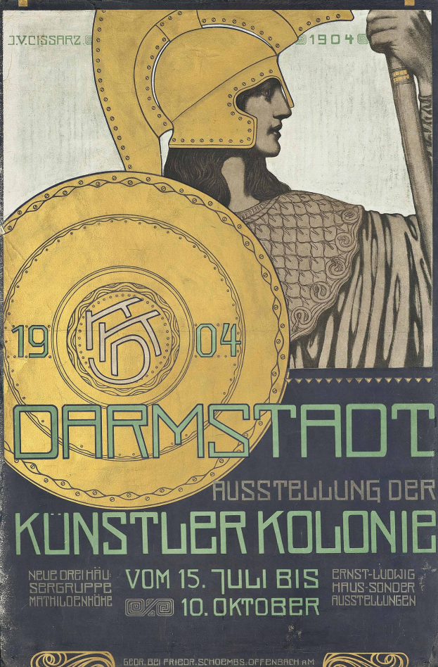 Plakat für ein Berliner Konzert im Jahr 1904 mit einer Helmet tragenden Figur, die ein Schild hält, und "Darmstadt" und "Künstler Kolonie" in fetter Schrift.