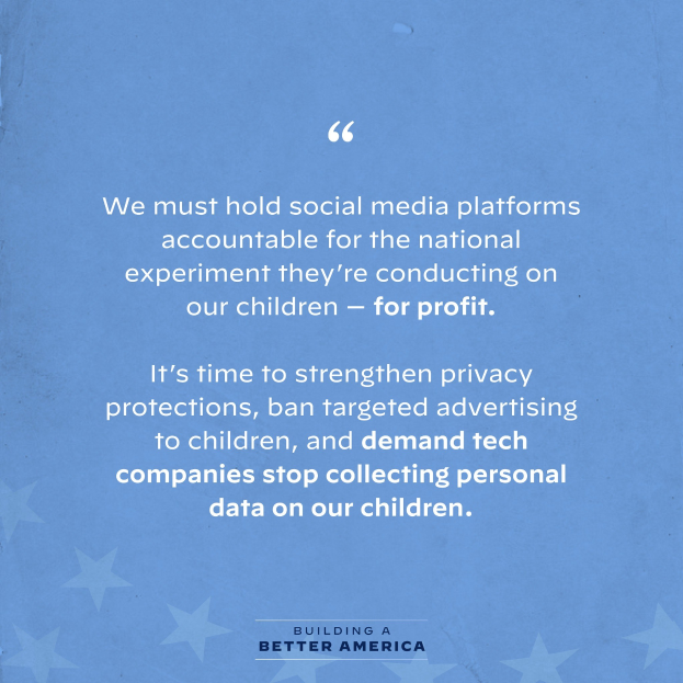 Plakat mit einem Zitat aus "Building a Better America", das besagt, dass soziale Medien-Plattformen für das Experiment, das sie an Kindern durchführen, zur Rechenschaft gezogen werden müssen, dekoriert mit Sternen.
