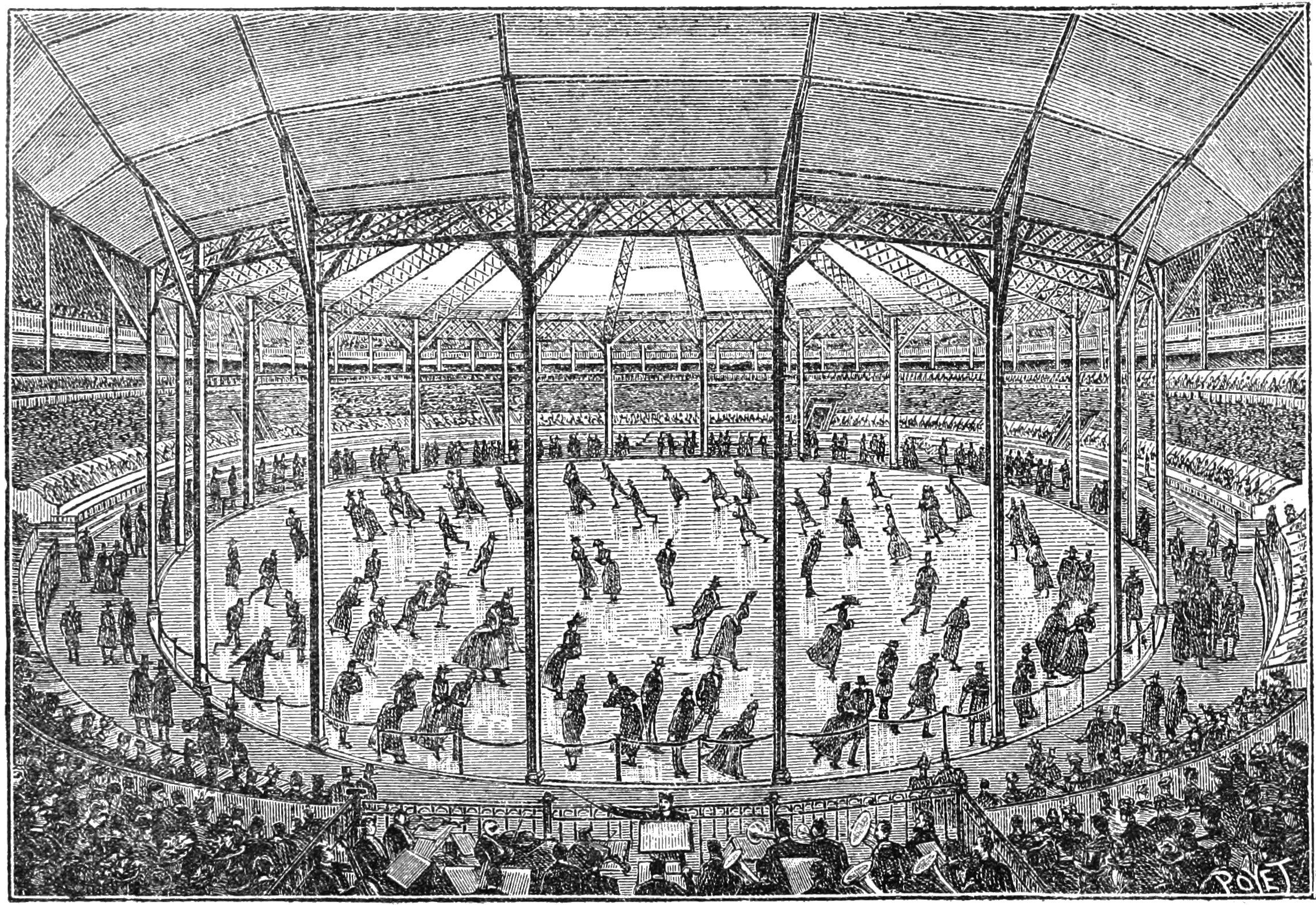 Schwarze und weiße Illustration eines Eishockeyspiels in einer vollen Arena, beschriftet mit "Die Olympischen Spiele in London, England" mit Zuschauern und Spielern auf dem Eis.