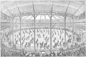 Schwarze und weiße Illustration eines Eishockeyspiels in einer vollen Arena, beschriftet mit "Die Olympischen Spiele in London, England" mit Zuschauern und Spielern auf dem Eis.