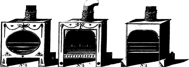 Drei schwarze und weiße Holzöfen in einer Dreiecksformation angeordnet, mit dem größten in der Mitte und zwei kleineren an den Seiten, jeweils mit einem hohen, zylindrischen Schornstein.