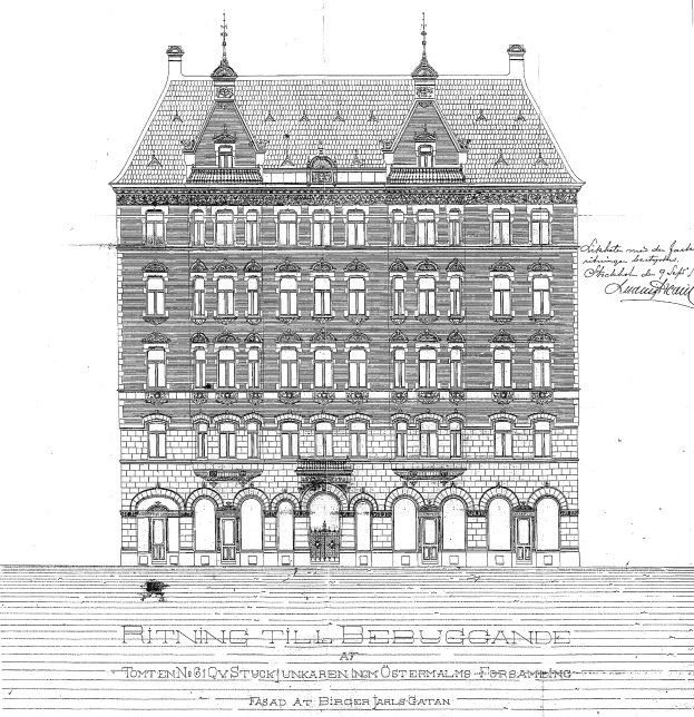 Schwarze und weiße detaillierte Zeichnung des Ritz-Carlton Hotels in Hamburg, Deutschland, mit einem mehrfenstrigen Gebäude und sichtbarem Text.