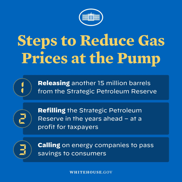 Plakat mit vier Schritten zur Senkung der Benzinpreise mit einem blauen und weißen Logo, das eine Zapfsäule in der Mitte zeigt.