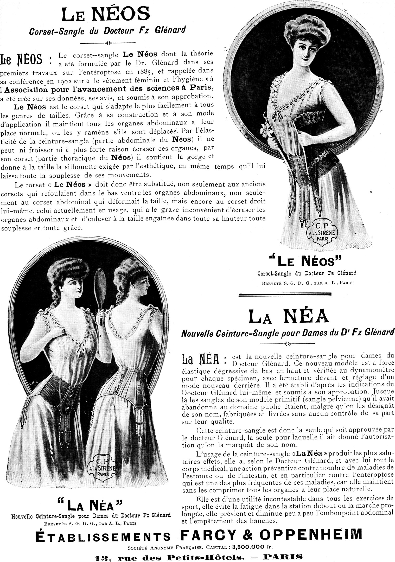 Werbung für ein Frauenkleid aus den 1920er Jahren mit einer Frau in einem hochgeschlossenen, langärmeligen Kleid mit einer Hochsteckfrisur, umgeben von Bildern anderer Frauen, mit "Le Neos" in fetter Schrift.