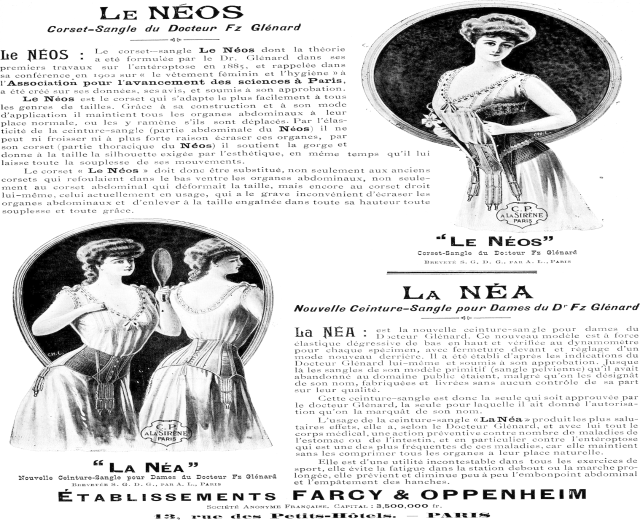 Werbung für ein Frauenkleid aus den 1920er Jahren mit einer Frau in einem hochgeschlossenen, langärmeligen Kleid mit einer Hochsteckfrisur, umgeben von Bildern anderer Frauen, mit "Le Neos" in fetter Schrift.