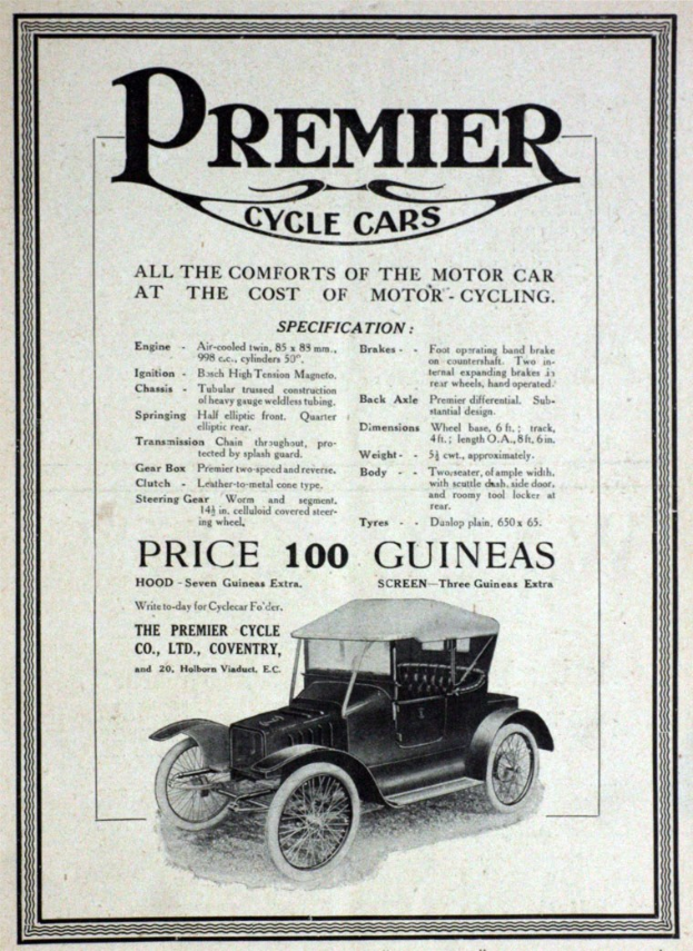 Werbung für Premier Cycle Cars mit einem klassischen schwarzen Auto mit modernem Design und auffälliger weißer Schrift.