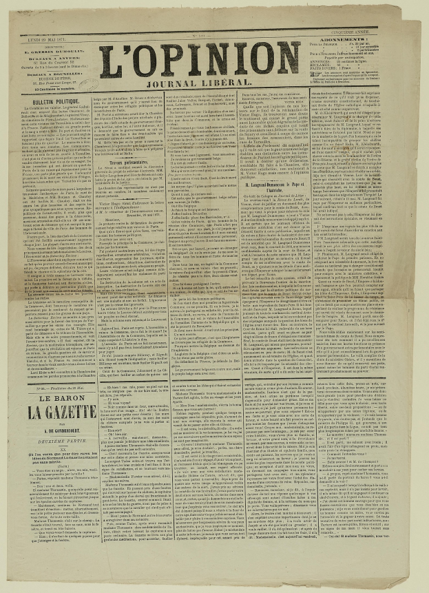 Alte Zeitungsvorderseite mit der Überschrift "L'opinion" auf gelbem, altem Papier und schwarzer Tinte.