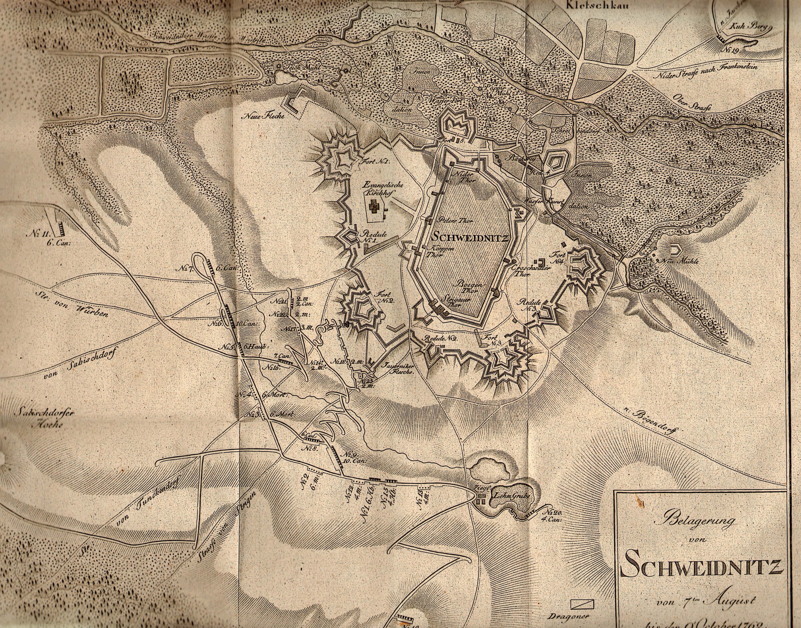 Ausführliche alte Karte von Schweidnitz, Deutschland, mit Straßen, Gebäuden und Landmarken sowie Texten mit Informationen über die Bevölkerung, Geschichte und Kultur.