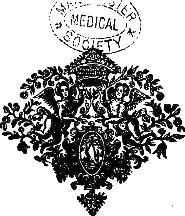 Schwarzes und weißes Zeichen einer medizinischen Gesellschaftslogos mit einem Schild, einem Kreuz, einem Lorbeerkranz und einer Krone, beschriftet mit 'Medizinische Gesellschaft' in weißer Schrift.