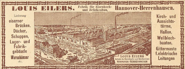 Schwarze und weiße Werbung für die Louis Eilers Hannover-Herrenhausen-Fabrik, die das Fabrikgebäude mit begleitendem Text zeigt.