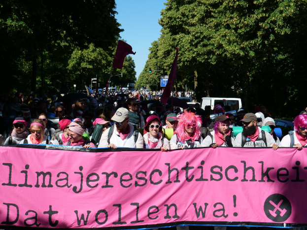 Eine Gruppe von Menschen marschiert auf einer Straße, hält eine pinkfarbene Banner mit der Aufschrift "Women's March in Berlin", wobei einige eine Mütze und eine Schutzbrille tragen und andere Fahnen halten, vor einem Hintergrund aus Bäumen, Fahrzeugen und Himmel.