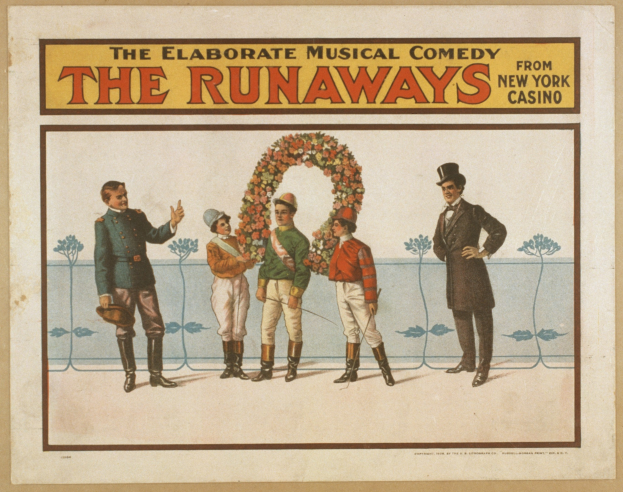 Plakat für "Elaborate Musical Comedy Runaways" aus dem New Yorker Casino, das eine Gruppe von Menschen in einer Reihe zeigt, wobei eine Person in der Mitte einen Blumenstrauß hält und der Text die Comedy beschreibt.