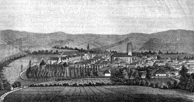 Schwarz-weiß-Zeichnung einer kleinen Stadt in einem Tal umgeben von Bäumen und Hügeln, mit der Aufschrift "Bayern, Deutschland, 1857" oben.