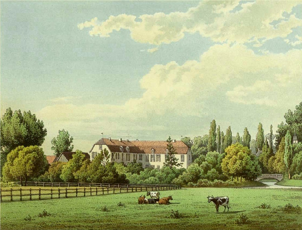 Gemälde von Kühen, die auf einer Wiese mit einem Holzzaun, Bäumen, Gebäuden, einer Brücke und einem bewölkten Himmel grasen, mit der Aufschrift "Kühe auf der Weide in Wiesbaden, Deutschland" unten.