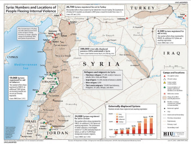 Plakat mit einer Karte von Syrien, die die Binnendifferenzierung aufgrund von Gewalt zeigt, begleitet von Text und Grafiken, die die Situation darlegen.