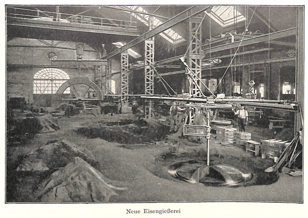 Schwarz-weiß-Foto einer deutschen Fabrik aus dem 19. Jahrhundert mit Arbeitern, die eine Maschine bedienen, umgeben von Metallstangen und -pfählen, beschriftet mit "Neue Eisenglebeerei, die erste Fabrik in Deutschland" unten.