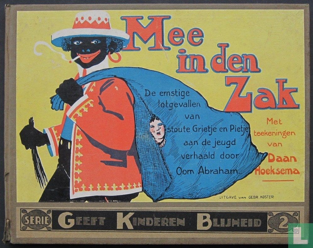 Plakat auf schwarzem Hintergrund mit dem Text "mee in den zak" und einem Bild einer Person in einem weißen Hemd und blauer Mütze mit einem verschmitzten Gesichtsausdruck.
