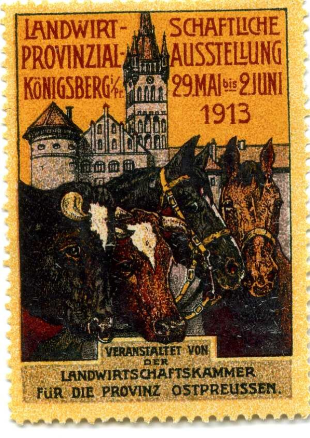 Deutsche Briefmarke aus etwa 1913 mit drei Kühen und einem Schloss, auf dem der Text 'Landwirtschaftskammer' gedruckt ist.