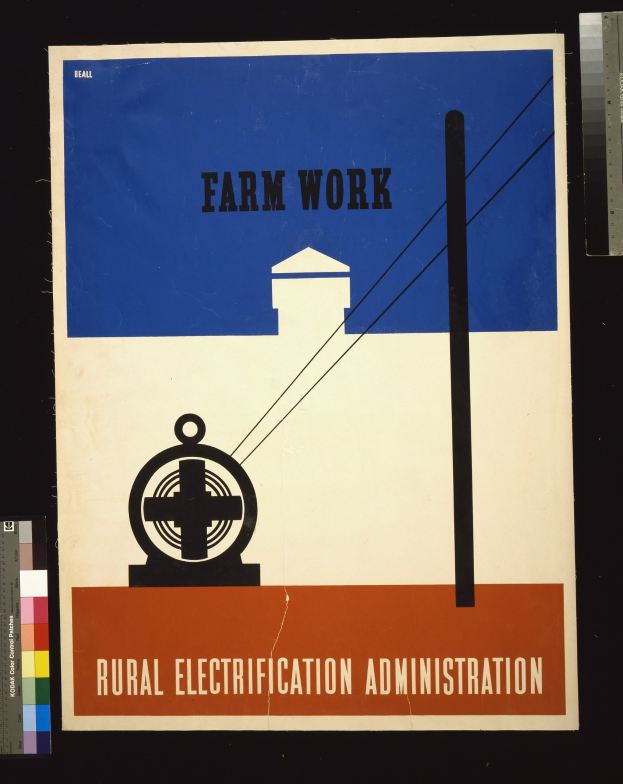Plakat mit fetter schwarzer Schrift "Bauernarbeit Landliche Elektrizitätsverwaltung" auf weißem Hintergrund, umrandet von einem schmalen schwarzen Rand, mit einer Grafik eines Hofes mit einem Traktor und einem Bauernhof.