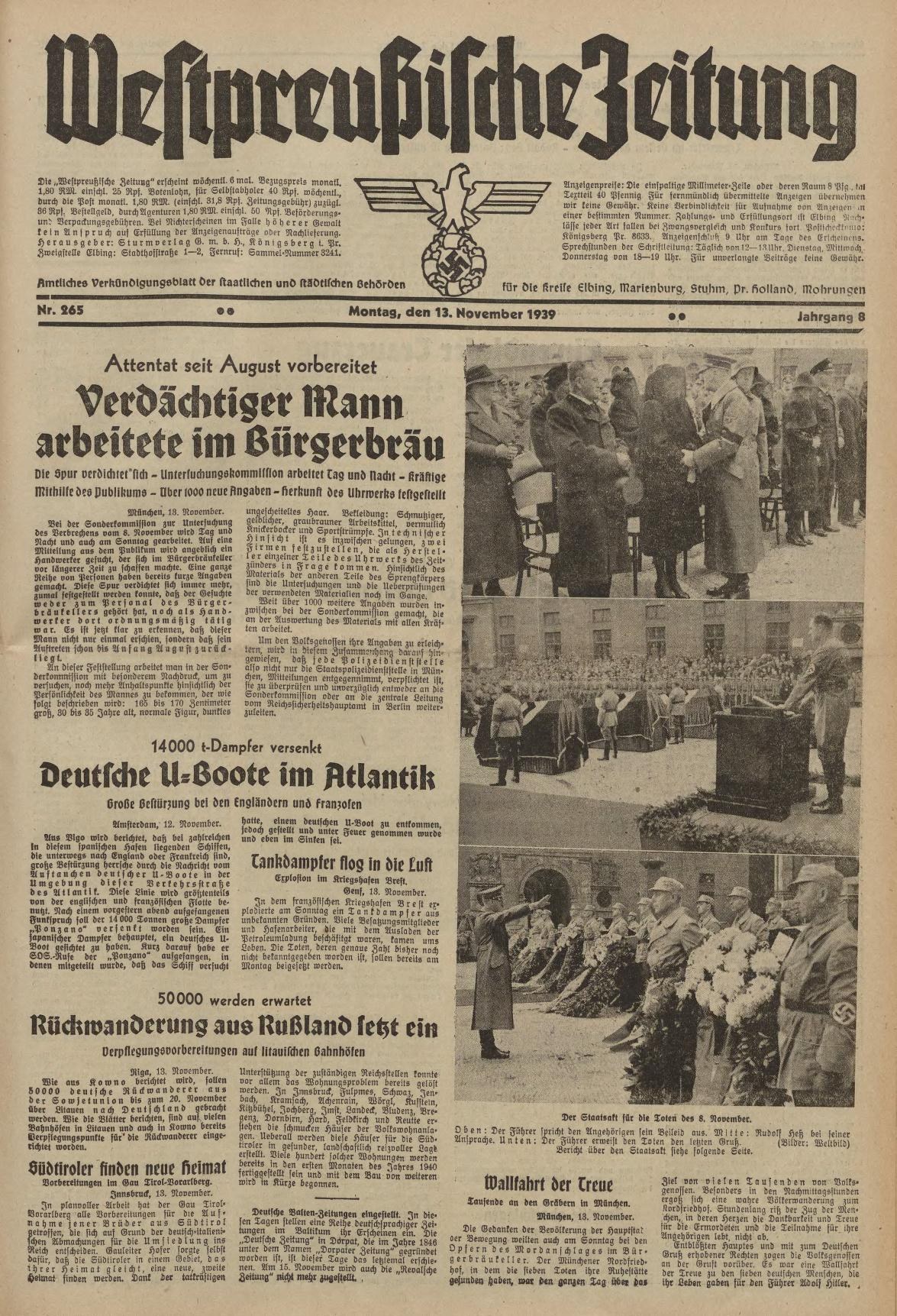 Schwarze und weiße Titelseite einer deutschen Zeitung vom 13. November 1939 mit der Schlagzeile "Weitpreubliche Zeitung" und einem Bild von Menschen in traditioneller deutscher Kleidung in einer feierlichen Umgebung.