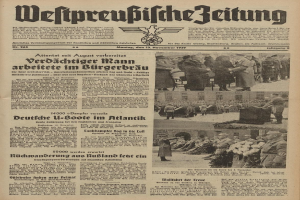 Schwarze und weiße Titelseite einer deutschen Zeitung vom 13. November 1939 mit der Schlagzeile "Weitpreubliche Zeitung" und einem Bild von Menschen in traditioneller deutscher Kleidung in einer feierlichen Umgebung.