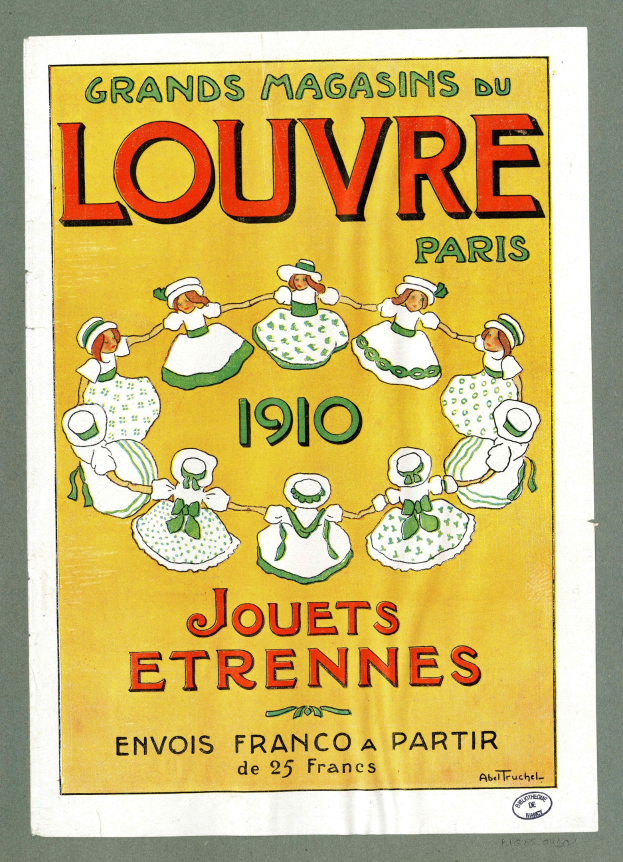 Plakat für das Louvre Paris 1910, das eine Gruppe tanzender Menschen mit Textbeschreibung zeigt.