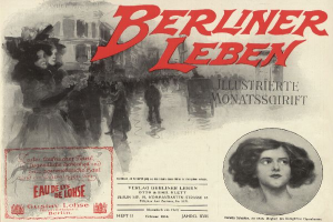 Ein alter deutscher Filmplakat f├╝r 'Berliner Leben' mit einer zentralen Frau umgeben von Menschen, Geb├Ąuden und Text.