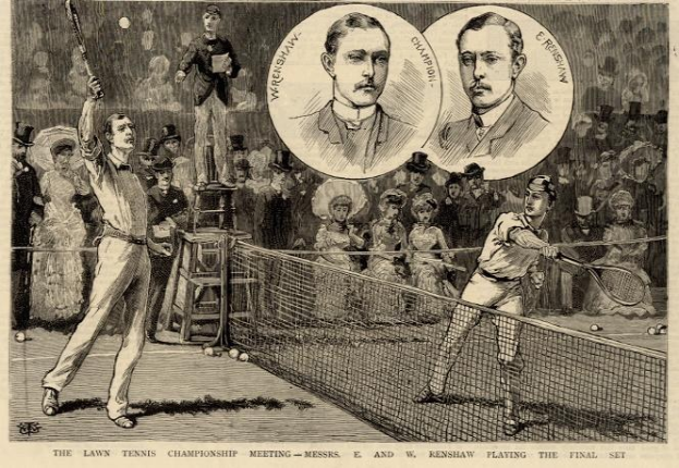 Schwarz-weiß-Zeichnung von zwei Männern beim Tennis-Spiel in einem Meisterschaftsfinale, mit Zuschauern im Hintergrund und Text unten mit der Aufschrift "The Lawn Tennis Championship Meeting - Messers, E und W Renshaw spielen das entscheidende Satz".