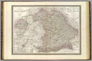 Ein altes Buch mit einer detaillierten Karte von Bayern, die Städte, Dörfer und geografische Merkmale zeigt, mit begleitendem Text, der weitere Informationen bietet.