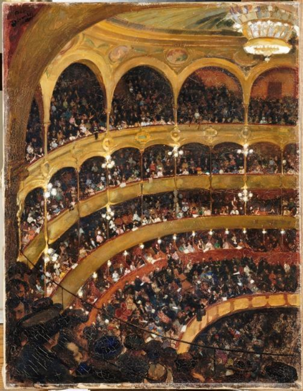 Gemälde mit dem Titel 'Das Konzertsaal' (1892), das einen großen Auditorium mit Menschen zeigt, beleuchtet von Kronleuchtern, mit Geländern und Säulen.