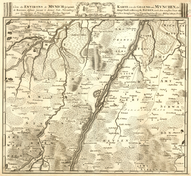 Alte gedruckte Karte von München, Deutschland, mit einem Fluss, der durch die Stadt verläuft und Text, der zusätzliche Informationen bereitstellt.