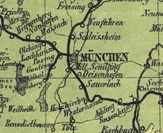Detailiertes altes Stadtplan von München, Deutschland, der Straßen, Gebäude und Sehenswürdigkeiten zeigt, begleitet von Text über Bevölkerung, Straßen und bekannte Orte.