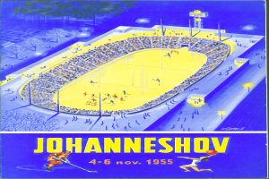 Ein Plakat aus dem Jahr 1955, das ein Hockey-Spiel in Johannesburg, S√ľdafrika ank√ľndigt und ein volles Stadion mit Menschen, B√§umen und Lichtern sowie Text und Zahlen zeigt.