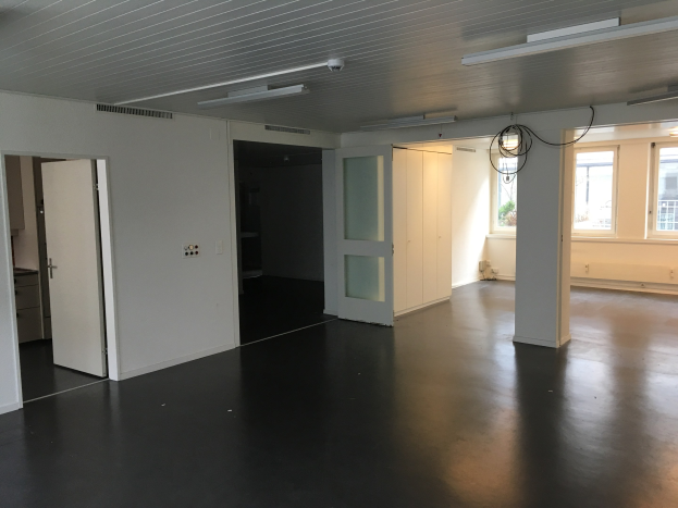 Leerer Büroraum mit schwarzen Böden, weißen Wänden, elektrischen Lampen, Kabeln, Türen, Schränken, Fenstern und einem Blick auf Gebäude und Bäume draußen.