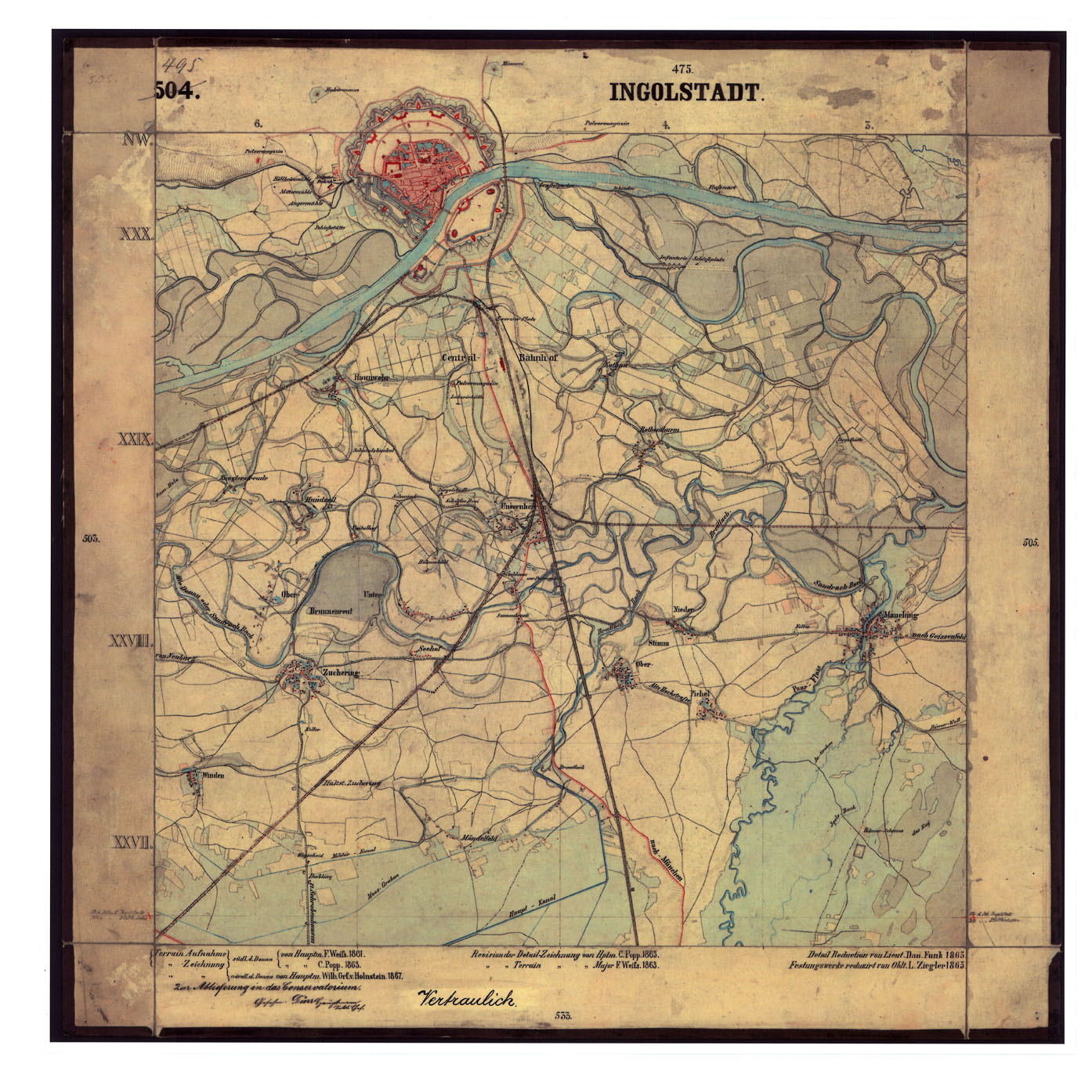 Ein gerahmter, detaillierter alter Stadtplan von Ingolstadt, Deutschland, der Straßen, Gebäude, Sehenswürdigkeiten und Text mit zusätzlichen Stadtinformationen zeigt.