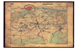 Ein gerahmter, detaillierter alter Stadtplan von Ingolstadt, Deutschland, der Straßen, Gebäude, Sehenswürdigkeiten und Text mit zusätzlichen Stadtinformationen zeigt.