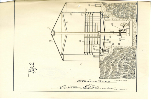 Ein detailliertes Gebäudezeichnung, wahrscheinlich ein Wasserkraftwerk-Patent, mit verschiedenen Zahlen und Textanmerkungen auf einem Blatt Papier.