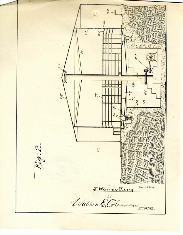 Ein detailliertes Gebäudezeichnung, wahrscheinlich ein Wasserkraftwerk-Patent, mit verschiedenen Zahlen und Textanmerkungen auf einem Blatt Papier.