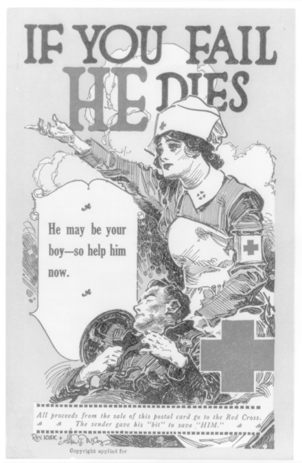 Schwarzes und weißes Plakat mit einer entschlossenen Frau und einem besorgten Mann und dem Text "Wenn du scheiterst, stirbt er, er könnte dein Junge sein - hilf ihm jetzt" darüber.