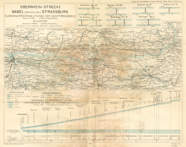 Ein altes Kartenbild des Basel-Strasburg-Gebiets in Deutschland, das Text und Linien zeigt, die die Ausdehnung der Bahnstrecke anzeigen.