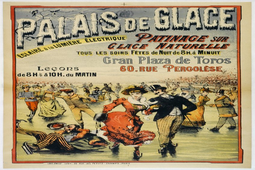 Ein Plakat, das eine Tanzveranstaltung im Palais de Glace in Paris ankündigt, zeigt eine Gruppe von Menschen in bunten Kostümen, die tanzen und viel Spaß haben, umgeben von Text.