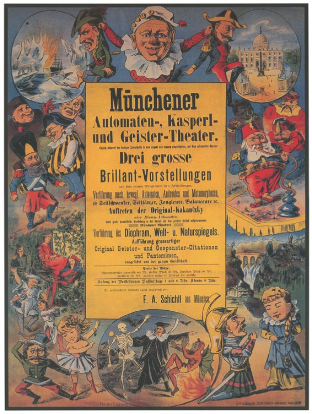 Alter deutscher Filmplakat für "Münchener Automaten-Kasperl- und Geister-Theater" mit einer Gruppe in bunten Kostümen umgeben von Text.