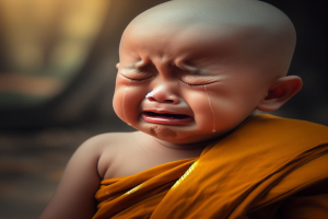 Ein Baby, das mit Tränen im Gesicht weint, die Augen geschlossen und den Mund geöffnet hat, vor einem unscharfen Hintergrund.