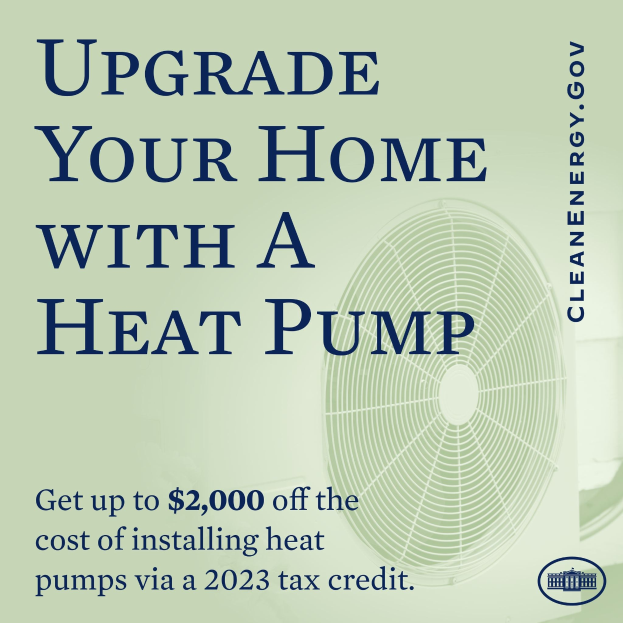 Plakat zur Förderung von Heizpumpen-Upgrades mit einem Bild einer Heizpumpe und dem Text "Upgrade Your Home with a Heat Pump."