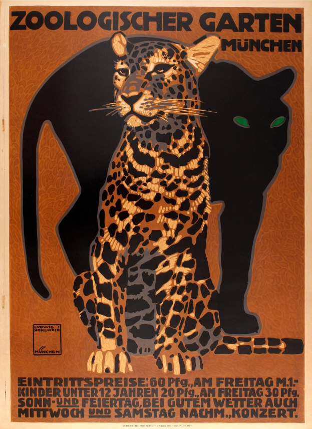 Plakatwerbung für einen Zoo in München, Deutschland, mit Bildern einer Leopardin und einer Katze und Textinformationen über den Zoo.