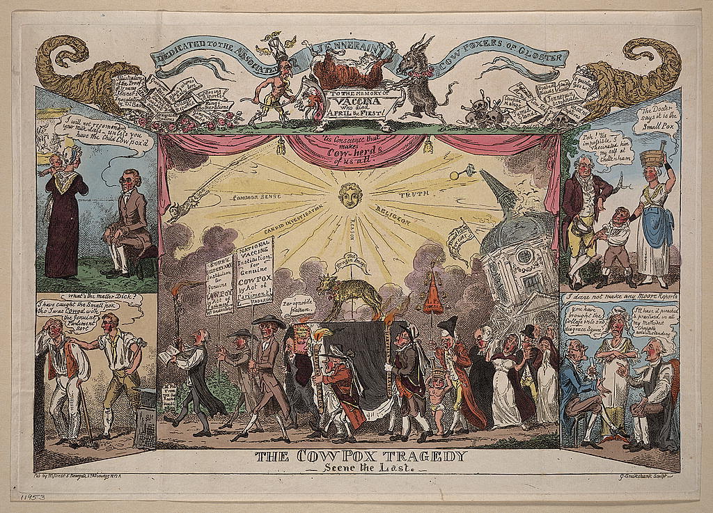 Ein Plakat auf einem Tisch oder an der Wand, das Menschen mit Schildern zeigt, mit Comic-Teufeln oben drauf.