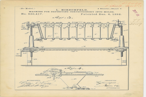 Ein Patententwurf von 1894 für eine Maschine zum Einfüllen von Süßwaren in Formen, begleitet von beschreibendem Text und numerischen Angaben.
