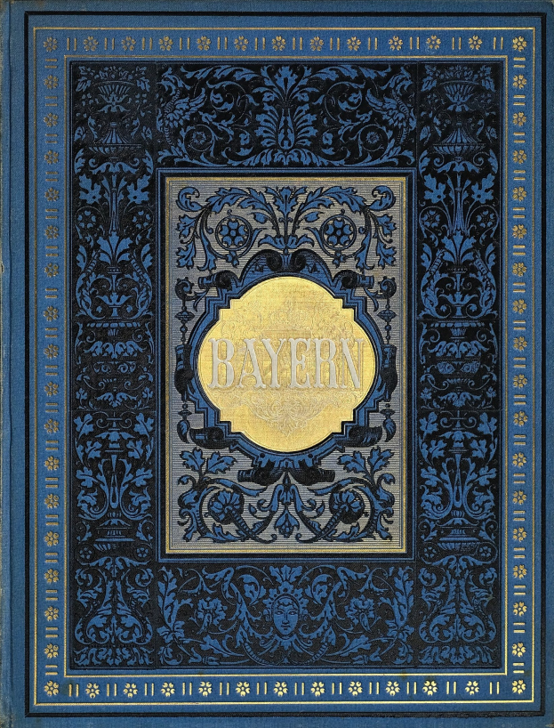Ein blau-goldenes Buch mit dem Wort "Bayern" auf dem Cover, das detaillierte dekorative Designs enthält.